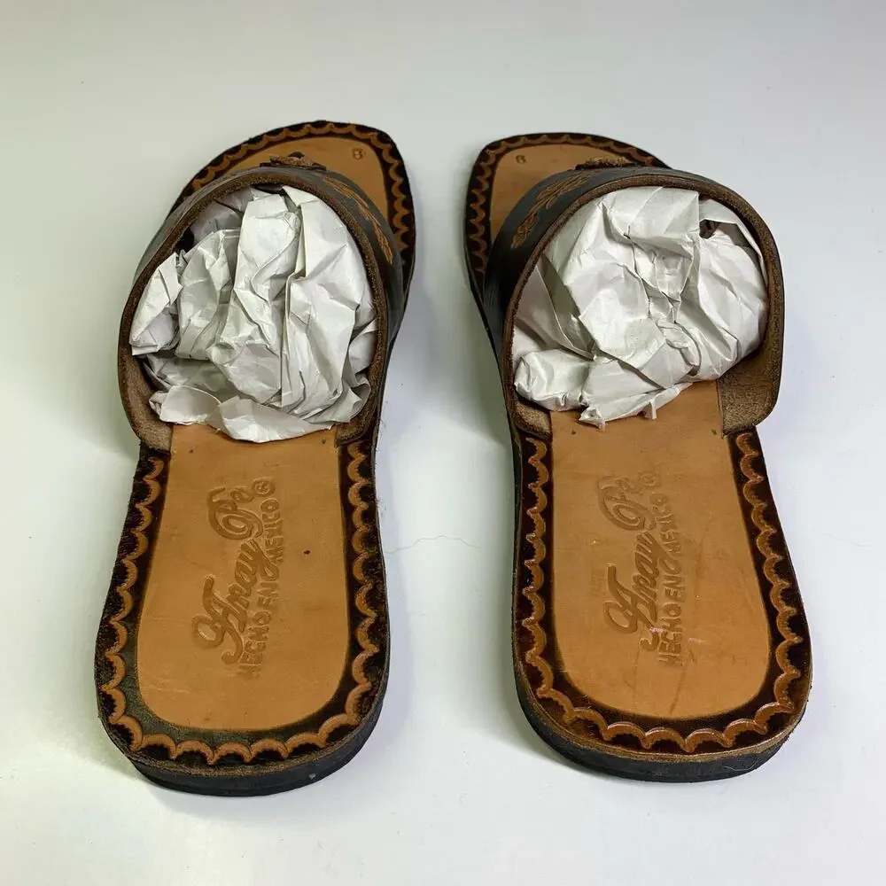 AMAY PE HECHO EN MEXICO Sandals 8 Artisan Huaraches Slip On Hand Tooled Floral